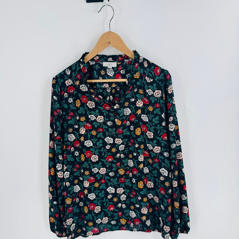 LOFT Black Dark Floral Feminine Romantic Office Modest Top Size XL - Picture 7 of 7